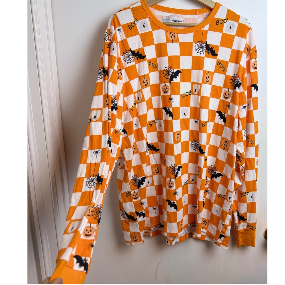 Old Navy Cotton PJ Shirt Halloween Spooky XXL Orange Checkered Bat Ghost Boo